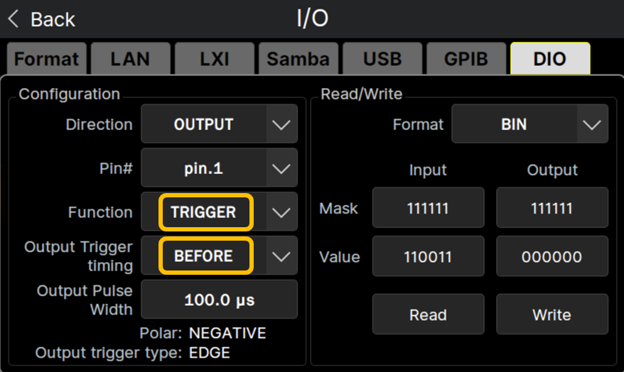 DirectionでOUTPUTを選び、pin1を設定