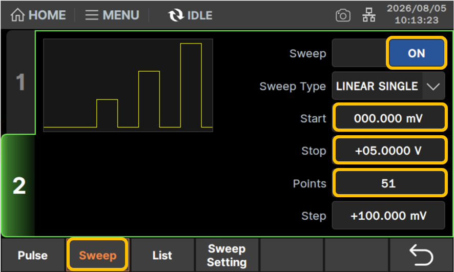 SweepをON、Start:0mV、Stop:5V、Points:51に設定