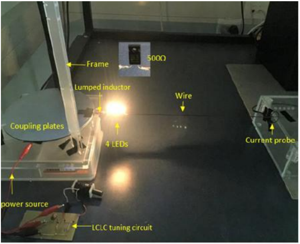 図1:LEDと500Ωを接続した単線CPTシステムの試作機